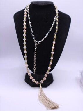 Handcrafted stone and crystal Beaded Tassel Necklace 48”